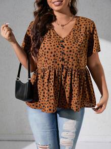 SHEIN Clasi 大碼斑點印花蝴蝶袖荷葉邊下擺襯衫 - 咖啡棕 - 查看 1