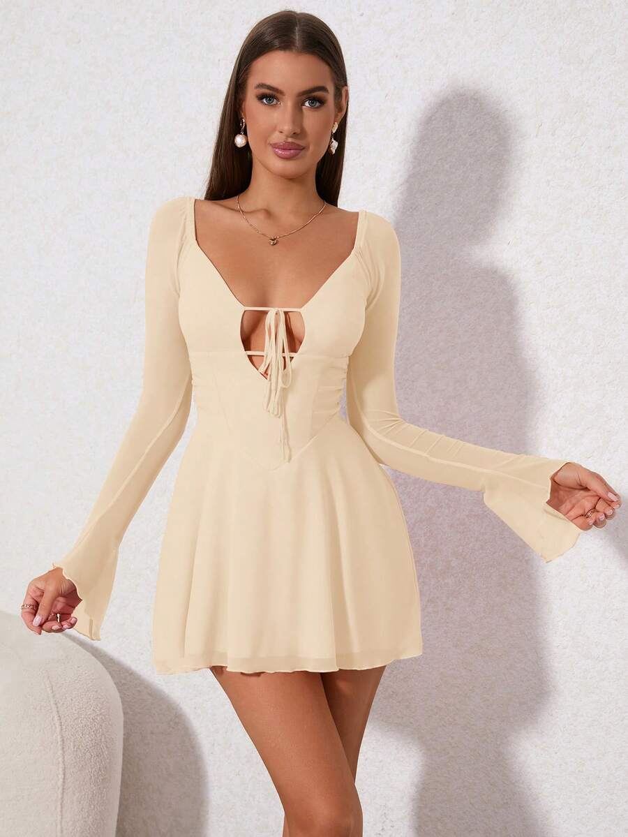 PARTHEA Cut Out Lace Up Mesh Dress - Apricot - View 1