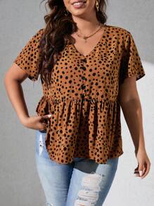 SHEIN Clasi 大碼斑點印花蝴蝶袖荷葉邊下擺襯衫 - 咖啡棕 - 查看 4