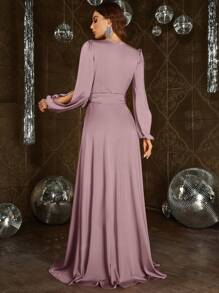 Elegant Party Split Sleeve Tie-Up Wrap High Slit Bridesmaid Dress - Mauve Purple - View 2
