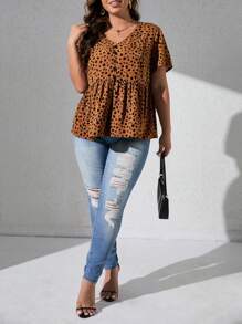 SHEIN Clasi 大碼斑點印花蝴蝶袖荷葉邊下擺襯衫 - 咖啡棕 - 查看 5