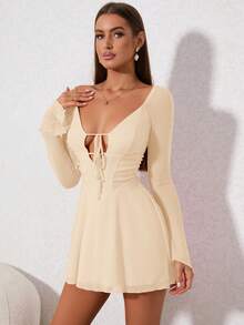 PARTHEA Cut Out Lace Up Mesh Dress - Apricot - View 3