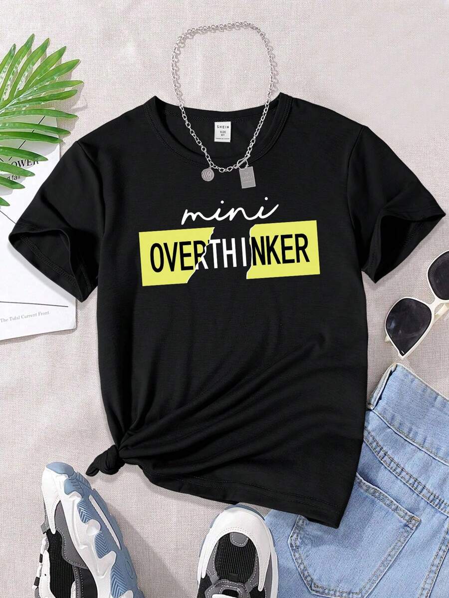 女孩1入組字母圖案T恤 - 黑色 - 查看 1