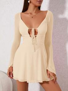 PARTHEA Cut Out Lace Up Mesh Dress - Apricot - View 4