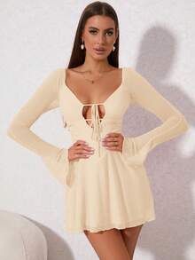 PARTHEA Cut Out Lace Up Mesh Dress - Apricot - View 5