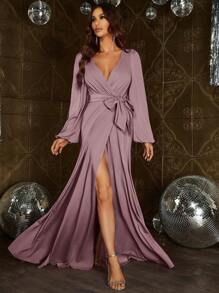 Elegant Party Split Sleeve Tie-Up Wrap High Slit Bridesmaid Dress - Mauve Purple - View 4