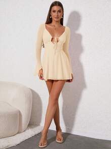 PARTHEA Cut Out Lace Up Mesh Dress - Apricot - View 6