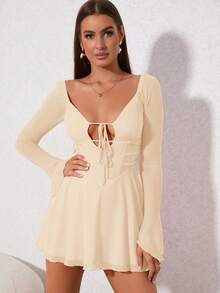 PARTHEA Cut Out Lace Up Mesh Dress - Apricot - View 7