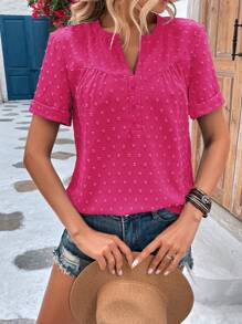 SHEIN Holidaya 圓點缺口領襯衫 - 玫紅色 - 查看 4