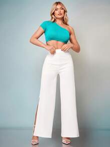 SHEIN BAE Solid Split Thigh Wide Leg Pants - White - View 4