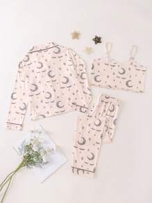 Girls Moon & Star Print Contrast Piping PJ Set - Apricot - View 2
