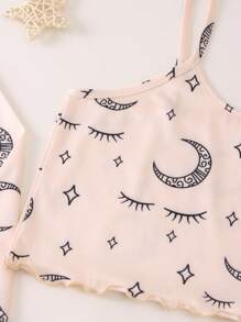 Girls Moon & Star Print Contrast Piping PJ Set - Apricot - View 3