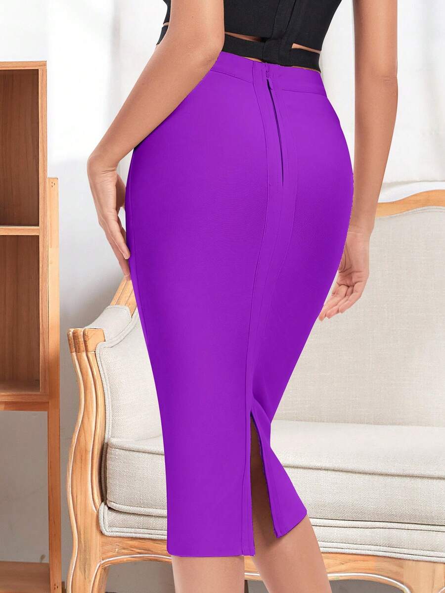 素色後背開衩鉛筆裙