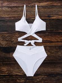 SHEIN Swim 圍裹腰部交疊比基尼泳裝 - 白色 - 查看 3