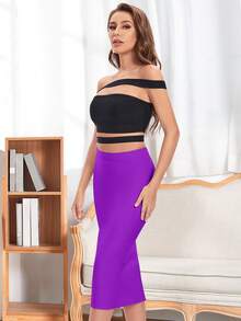 素色後背開衩鉛筆裙 - 紫色 - 查看 5