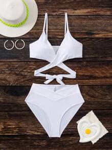 SHEIN Swim 圍裹腰部交疊比基尼泳裝 - 白色 - 查看 5