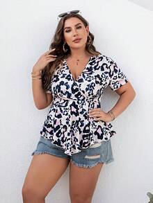 Plus Allover Print Surplice Neck Peplum Tee - Multicolor - View 3