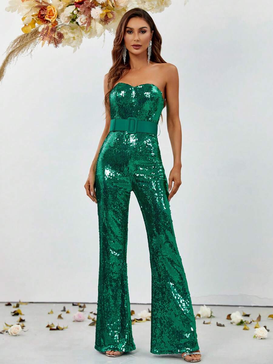 Solid Sequin Tube Party Jumpsuit - Green - View 1