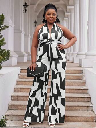 Plus Geo Print Halter Neck Backless Wide Leg Jumpsuit