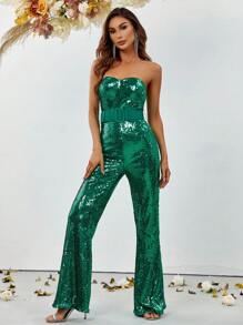 Solid Sequin Tube Party Jumpsuit - Green - View 5