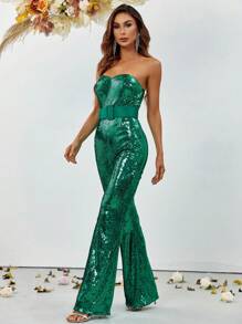 Solid Sequin Tube Party Jumpsuit - Green - View 6
