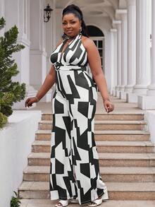 大碼幾何印花繞頸露背闊腿連體褲