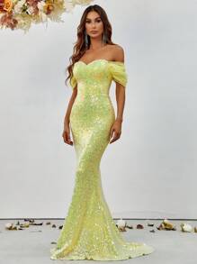Off Shoulder Mermaid Hem Sequin Formal Dress - Yellow - View 1