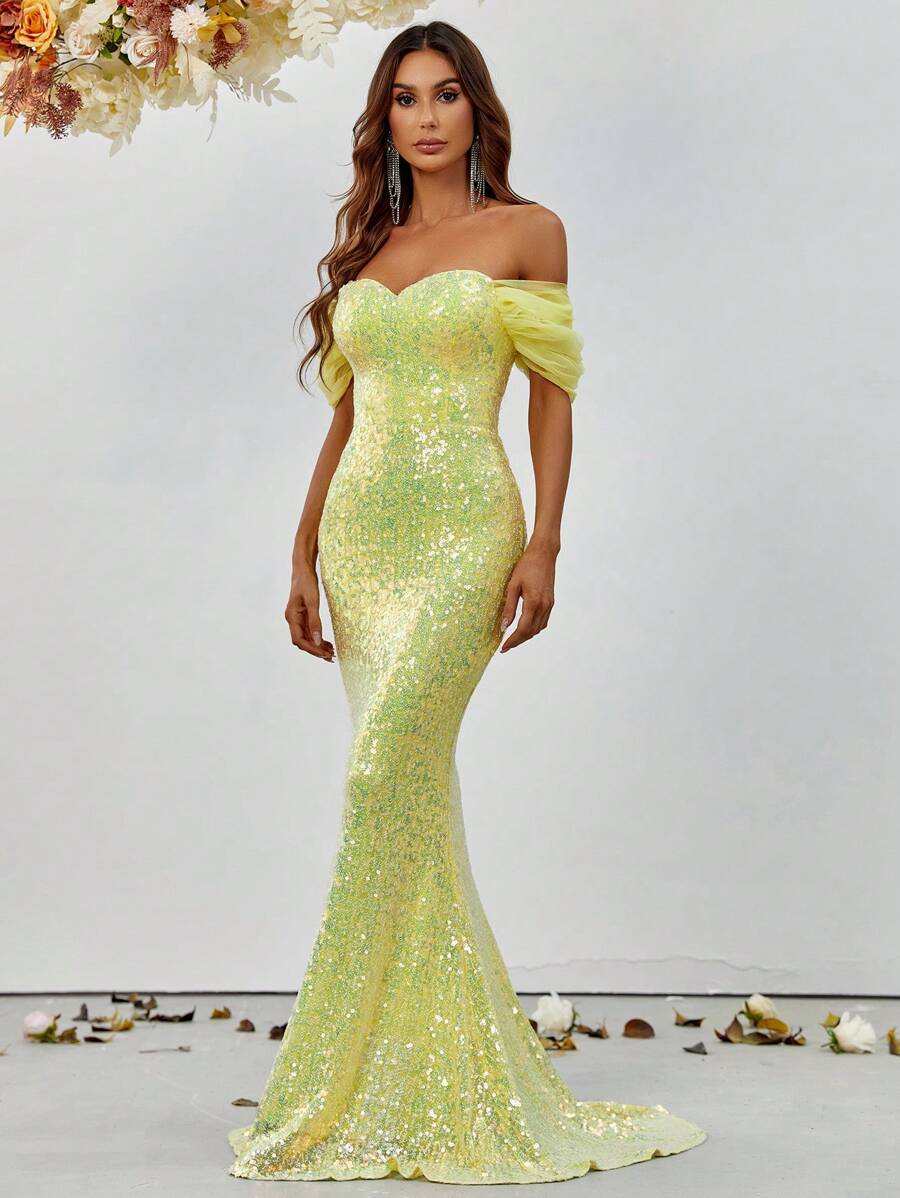 Off Shoulder Mermaid Hem Sequin Formal Dress - Yellow - View 1
