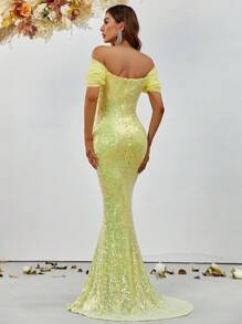 Off Shoulder Mermaid Hem Sequin Formal Dress - Yellow - View 2