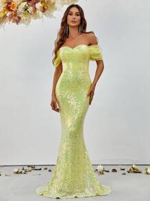 Off Shoulder Mermaid Hem Sequin Formal Dress - Yellow - View 3