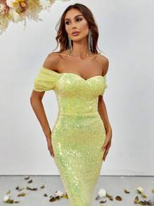 Off Shoulder Mermaid Hem Sequin Formal Dress - Yellow - View 5