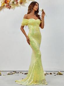 Off Shoulder Mermaid Hem Sequin Formal Dress - Yellow - View 6