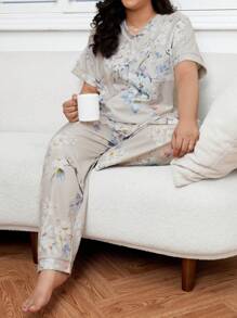 Plus Floral Print  PJ Set - Multicolor - View 1