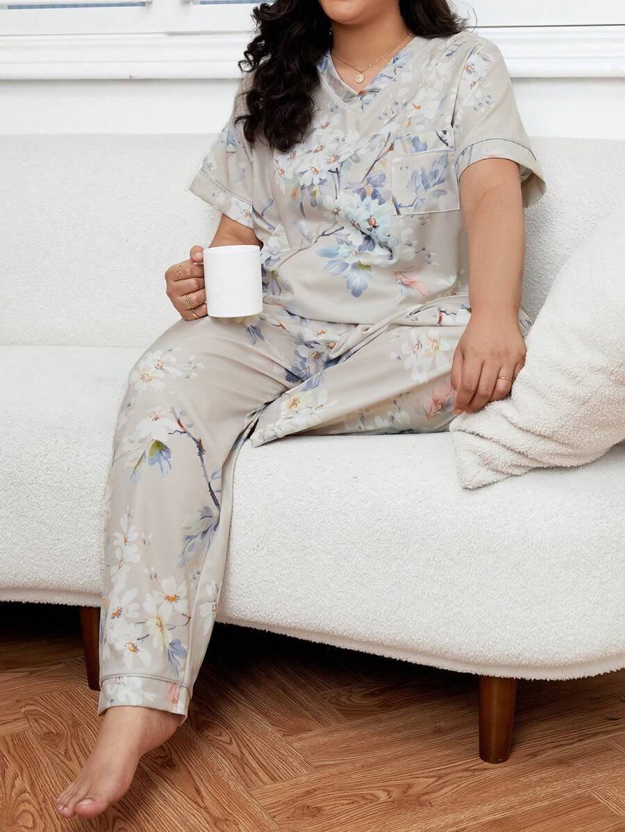 Plus Floral Print  PJ Set - Multicolor - View 1