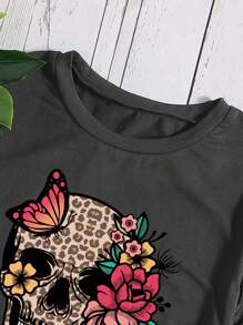 SHEIN LUNE 骷髅与花卉印花 T 恤 图案 T 恤 女士上衣 - 深灰色 - 查看 3