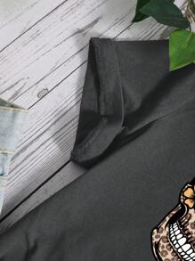 SHEIN LUNE 骷髅与花卉印花 T 恤 图案 T 恤 女士上衣 - 深灰色 - 查看 5