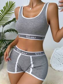 Yoga Letter Tape Contrast Binding Bra & Boyshorts Lingerie Set Sports - Light Grey - View 1