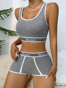 Yoga Letter Tape Contrast Binding Bra & Boyshorts Lingerie Set Sports - Light Grey - View 3