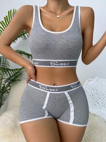 Yoga Letter Tape Contrast Binding Bra & Boyshorts Lingerie Set Sports - Light Grey - View 4