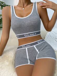 Yoga Letter Tape Contrast Binding Bra & Boyshorts Lingerie Set Sports - Light Grey - View 5