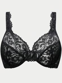 Plus Unlined Floral Lace Underwire Bra, Lingerie - Black - View 3