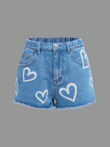Teen Girls Heart Print Raw Hem Denim Shorts - Medium Wash - View 1