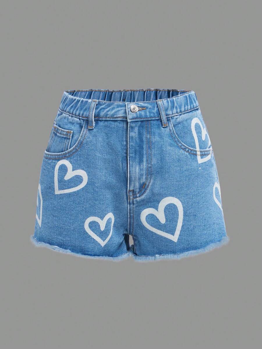 Teen Girls Heart Print Raw Hem Denim Shorts - Medium Wash - View 1