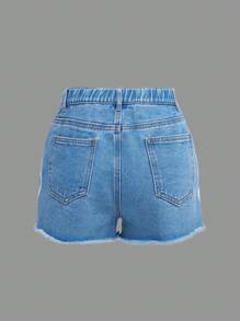 Teen Girls Heart Print Raw Hem Denim Shorts - Medium Wash - View 2