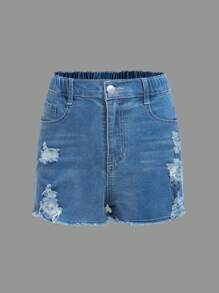SHEIN Teen Girls Ripped Raw Hem Denim Shorts - Medium Wash - View 1