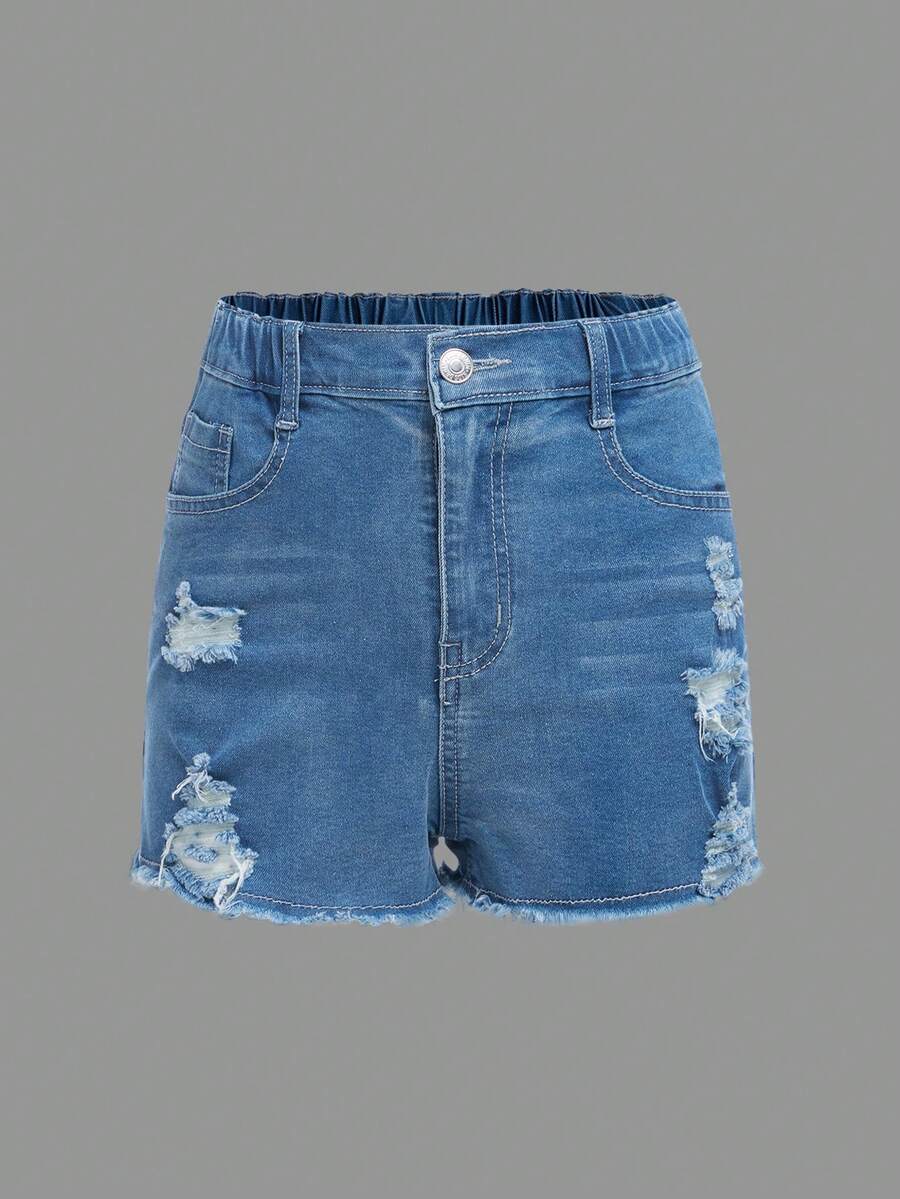 SHEIN Teen Girls Ripped Raw Hem Denim Shorts - Medium Wash - View 1