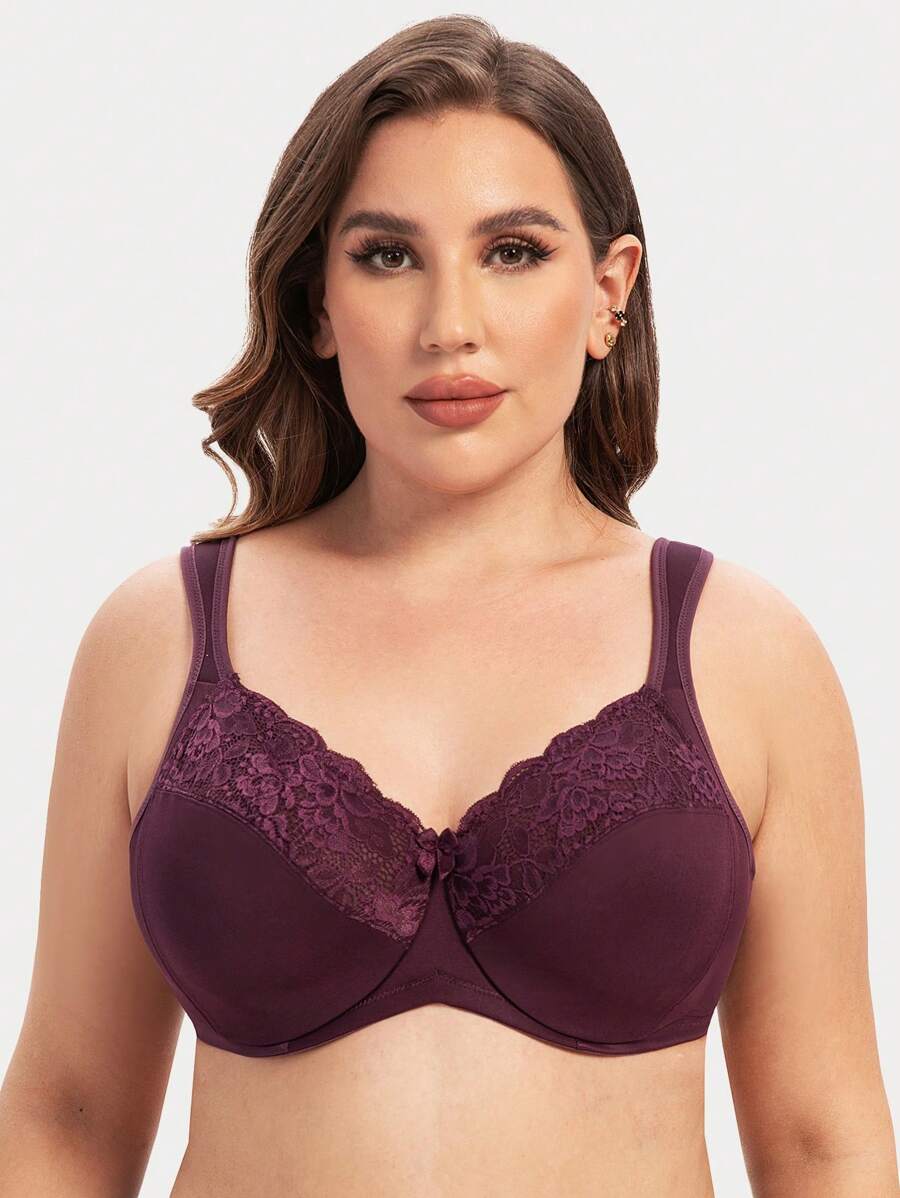 Plus Size Women's Fashion Lace Bow Front Underwire Bra - Red Violet - View 1