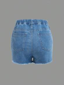 SHEIN Teen Girls Ripped Raw Hem Denim Shorts - Medium Wash - View 2