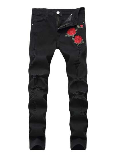 Vaqueros slim rectos rasgados con bordado floral para hombres