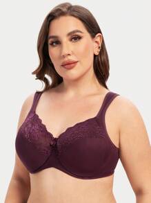 Plus Size Women's Fashion Lace Bow Front Underwire Bra - Red Violet - View 4